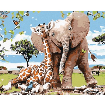 Malování podle čísel - Žirafa a sloník, na rámu