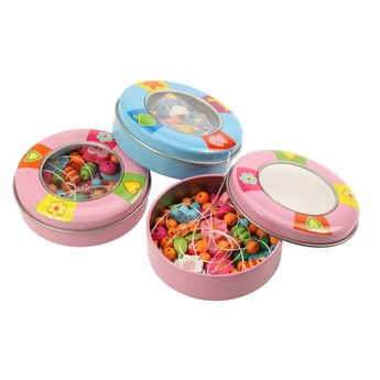 Dřevěné navlékací korále v plechovce, růžová